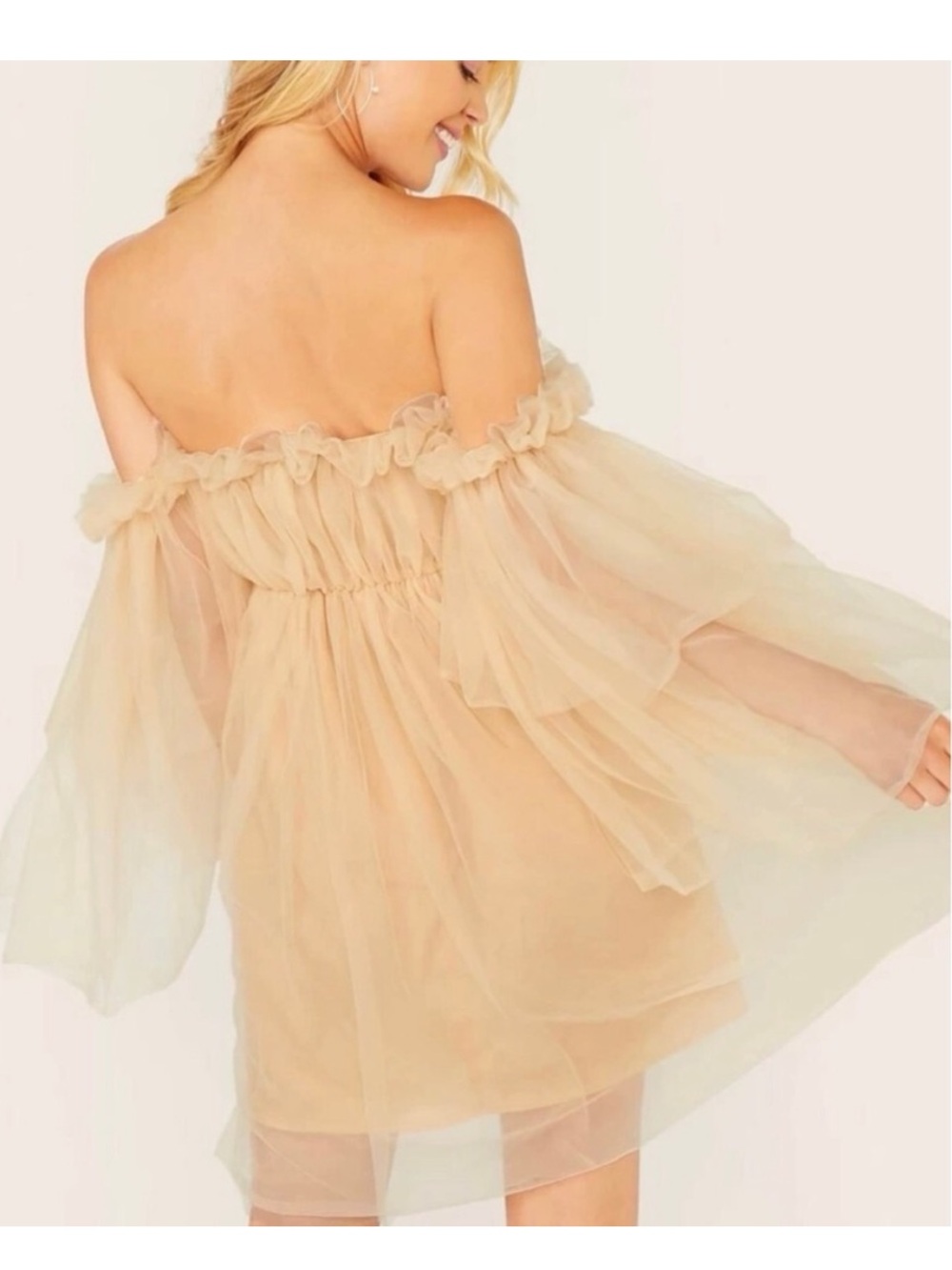 ReminisceMe:Ruffle off the shoulder Mesh Dress Fairy Layer Cream Sz S NWOT FIRM$ - Picture 10 of 13